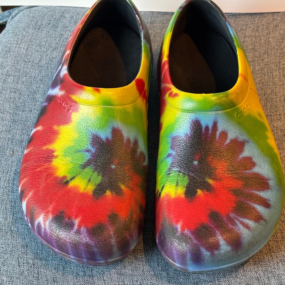 CROCS Tie-Dye Slip-On Clogs in Red, Yellow, Green, Purple, Black